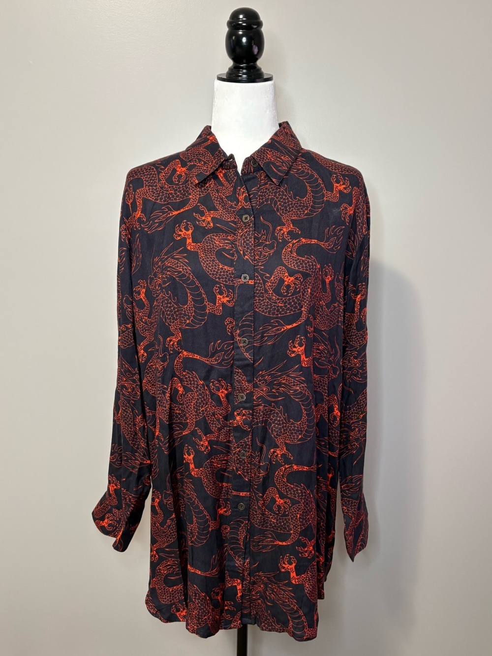 Avani del Amour Dragon Print Long Sleeve Oversized Button Up Blouse